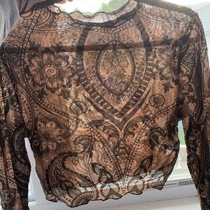 SHEIN Lettuce Trim Flocked Mesh Crop Top